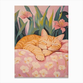 Cat Sleeping In Pink Flowers Canvas Print