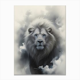 A majestic white lion with flowing, voluminous mane, set against a misty, ethereal background. Canvas Print