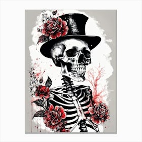 Floral Skeleton With Hat Ink Painting (14) Canvas Print