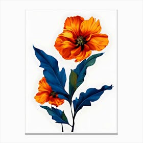 Surreal Beauty: Two Vibrant Orange Flowers with Striking Blue Foliage   Canvas Print