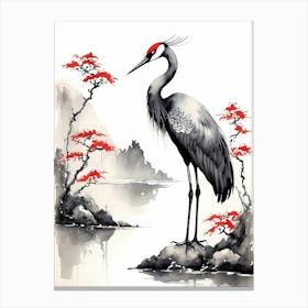 Shuimo Hua,Black And Red Ink, A Crane In Chinese Style (26) Canvas Print