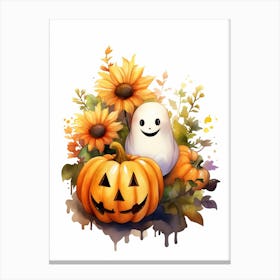 Cute Ghost With Pumpkins Halloween Watercolour 107 Canvas Print