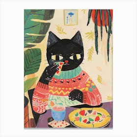 Black Cat Eating A Pizza Slice Folk Illustration 1 Canvas Print