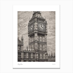 Big Ben London Pencil Sketch 2 Watercolour Travel Poster Canvas Print