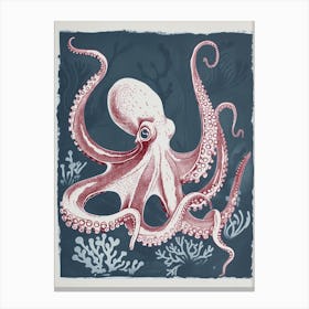 Retro Red Navy Octopus Linocut Style 4 Canvas Print