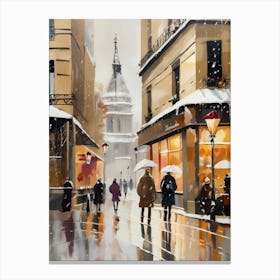 Paris cafes, winter season, Christmas, autumn oil colors, pale colors, pedestrians in the street, winter clothes, falling snow.7 Canvas Print