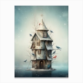 Bird House Winter Snow Illustration 1 Canvas Print