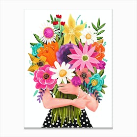 Woman Holding a Colorful Bouquet of Flowers Illustration on a White Background Canvas Print