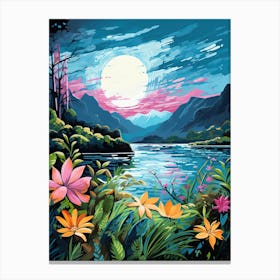 Mountain Lake Night Travel Painting Botanical Housewarming Canvas Print