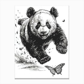 Giant Panda Cub Chasing After A Butterfly Ink Illustration 1 Canvas Print