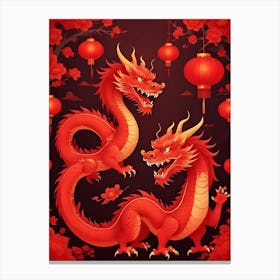 Two Red Chinese Dragons With Golden Accents And Red Lanterns Canvas Print