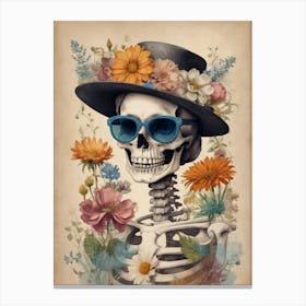 Vintage Floral Skeleton With Hat And Sunglasses (35) Canvas Print