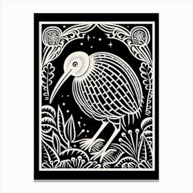 B&W Bird Linocut Kiwi 1 Canvas Print