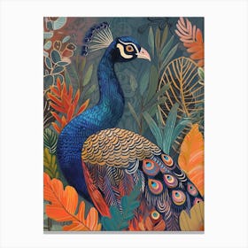 Folky Floral Peacock With The Plants 7 Canvas Print