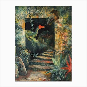 Dinosaur In An Ancient Tunnel Covered In Vines Painting 1 Canvas Print