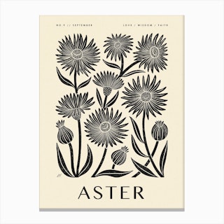 Rustic September Birth Flower Aster Black Cream Canvas Print