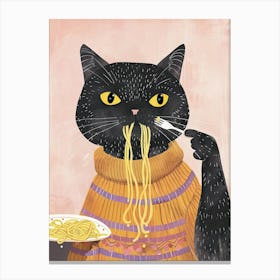 Cute Black Cat Eating Pasta Folk Illustration 4 Canvas Print