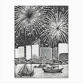 Fireworks Over Yokohama Bay Ukiyo-E Style Canvas Print