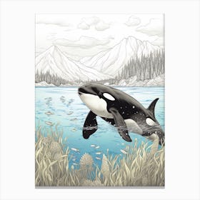 Blue Neutral Tones And Line Drawing Of Orca Whale Canvas Print