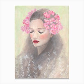 Woman With Pink Flowers Hair Canvas Print