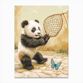 Giant Panda Cub Playing With A Butterfly Net Storybook Illustration 1 Canvas Print