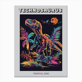 Neon Dinosaur With Palm Trees Poster Canvas Print