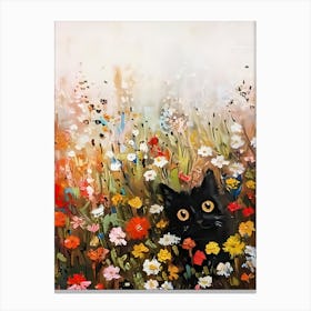 Black Cat In A Flower Field Canvas Print