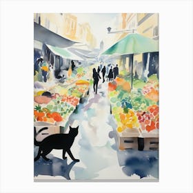 Food Market With Cats In Paris 2 Watercolour Canvas Print