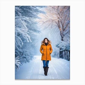 Woman in down jacket walking in a snowy wood Canvas Print