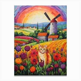 A Cat With A Windmill & Medieval Village Background Canvas Print