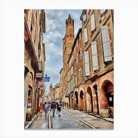 Historic European Street with Tower in Toulouse. This image depicts a bustling street in Toulouse a historic European city, characterized by its cobblestone pavement and tall, narrow buildings with shuttered windows. A prominent feature is the tall, cylindrical tower with a pointed roof, which stands out against the partly cloudy sky. The street is lively with pedestrians, some of whom are shopping or walking in groups. Various shop signs in different languages are visible, adding to the vibrant atmosphere of the scene. Canvas Print