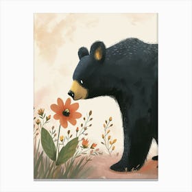 American Black Bear Sniffing A Flower Storybook Illustration 1 Canvas Print