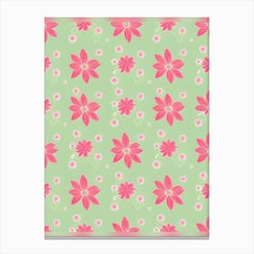 Pink Flowers On Green Background Canvas Print