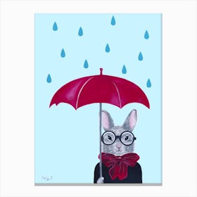 Rabbit With Red Umbrella In The Rain Canvas Print