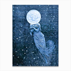 Around the Moon - Vintage Emile Bayard 1870 - Engraving for Jules Vernes Book Full Blue Moon Witchy Fairytale Pagan Woman With Face on the Moon Witch Witchcraft Canvas Print
