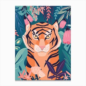 Tiger Portrait With Florals On Green Canvas Print