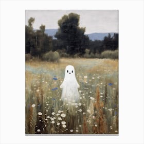 Cute Bedsheet Ghost In Flower Landscape Vintage Style, Halloween Spooky 4 Canvas Print