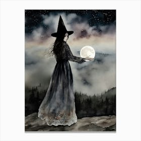 Behold! The Moon! Witchy Watercolor Art by Lyra the Lavender Witch - A Beautiful Witch Holding the Full Moon in her Hands - Dark Aesthetic Pagan Wicca Fairytale Magical Cool Halloween All Year HD Canvas Print