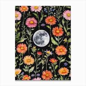 Moon Among The Wildflowers ~ Art Nouveau Colorful Flowers Full Moon Wheel of the Year Almanac Black Background Beautiful Moon Phases, Home Decor Watercolour Painting Pagan Fairytale Canvas Print