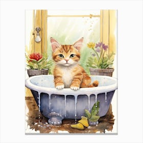 Manx Cat In Bathtub Botanical Bathroom 1 Canvas Print