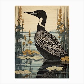 Vintage Bird Linocut Common Loon 1 Canvas Print