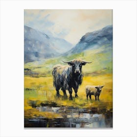 Black Bull & Baby By The Stream In The Highlands Impressionism Style Canvas Print