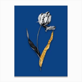 Vintage Didiers Tulip Black and White Gold Leaf Floral Art on Midnight Blue Canvas Print
