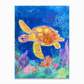 Colourful Sea Turtle Exploring Deep Into The Ocean Crayon Doodle 1 Canvas Print