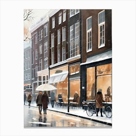 Amsterdam cafes, winter season, Christmas, autumn oil colors, pale colors, pedestrians in the street, winter clothes, falling snow.10 Canvas Print