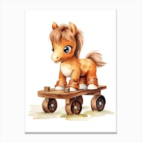 Pony On A Toy Car, Watercolour Nursery 1 Canvas Print