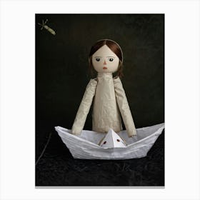 Stick Doll Exhibiting A Melancholic Expression Clutching A Paper Boat Set Against A Desaturated Canvas Print