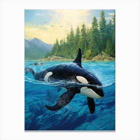 Realistic Illustration Of Orca Whale In Colour With Trees In The Background Canvas Print