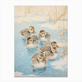 Ducklings In The Icy Water Japanese Woodblock Style 3 Canvas Print