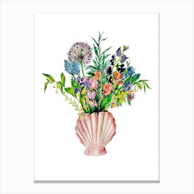 Flowers In Shell Vase On White Canvas Print